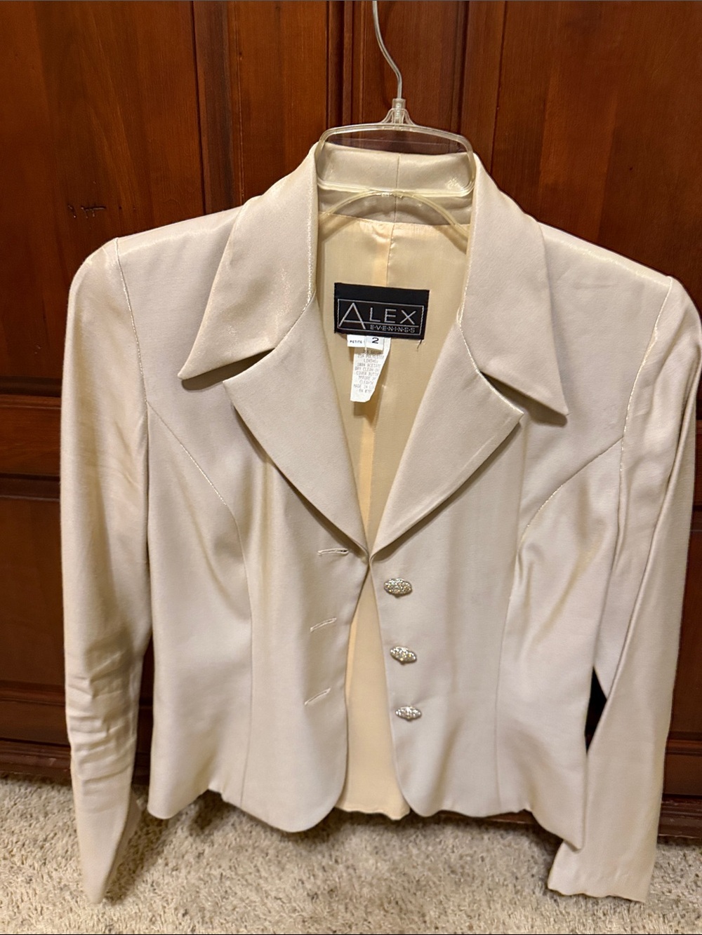Vintage Alex Evenings 2P Shimmer Champagne Gold Skirt Suit Rhinestone Button Set